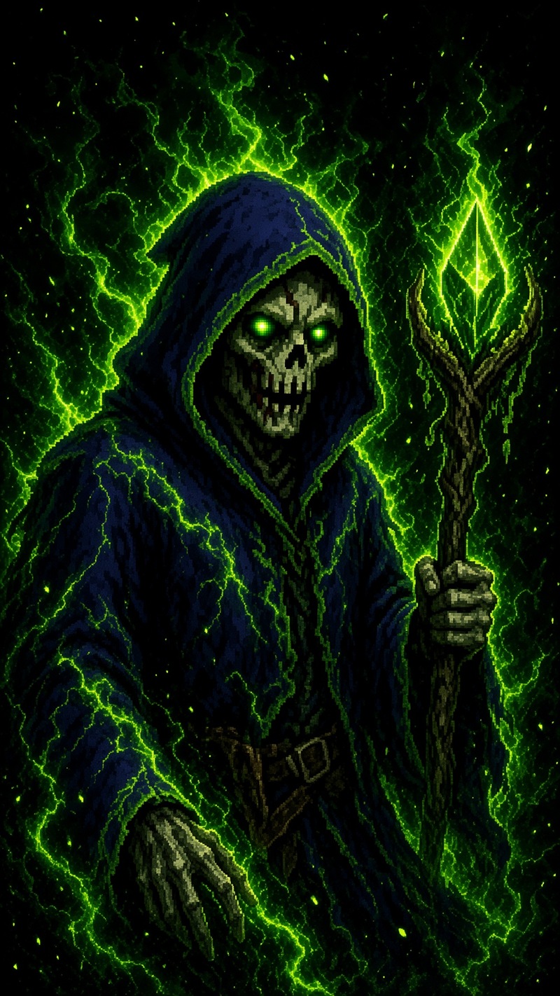 Pixel-art hooded skeletal sorcerer wreathed in green lightning, holding a glowing staff