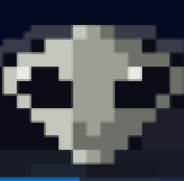 A pixel-art grey alien head with large black eyes