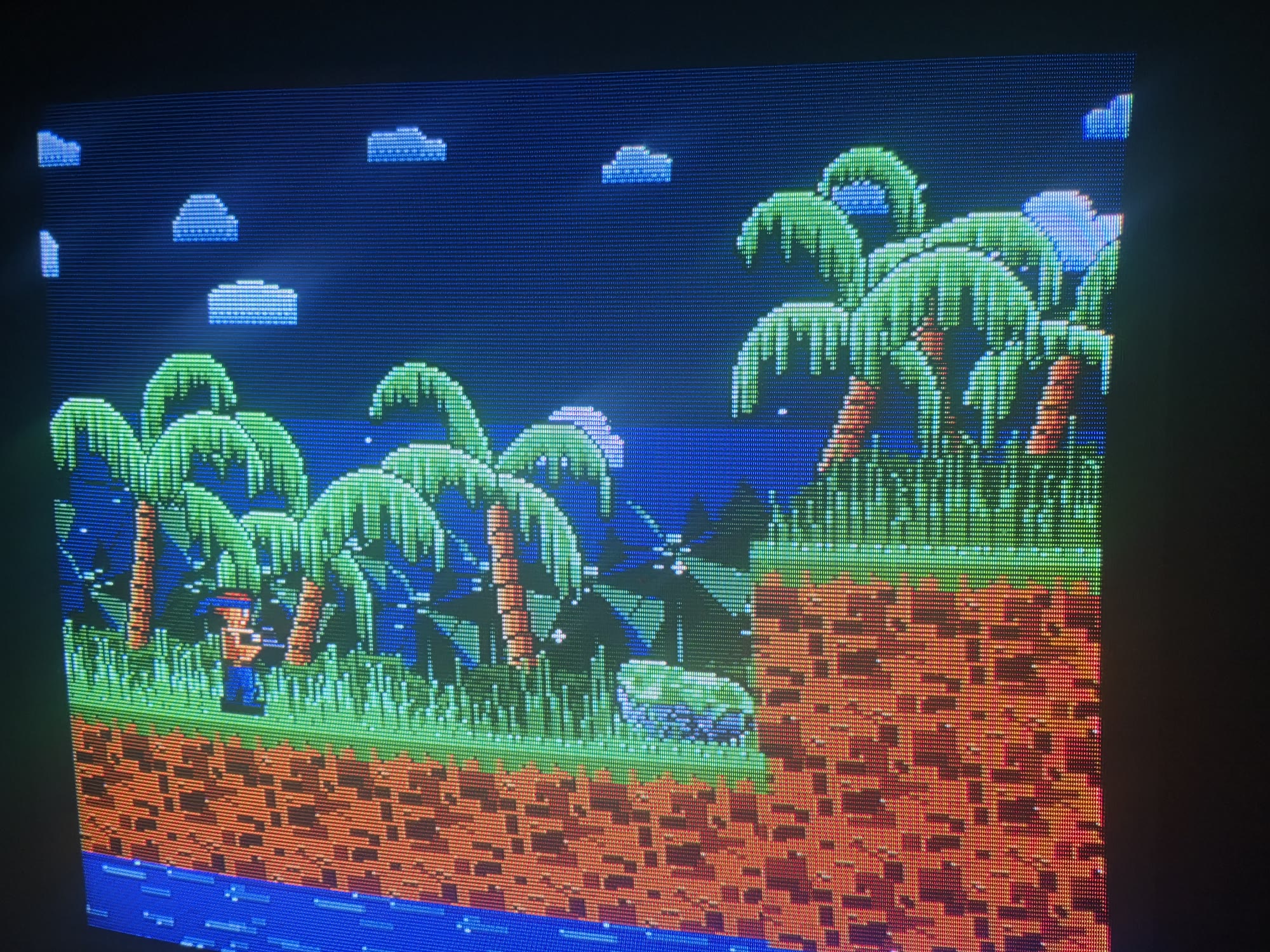 The game running on a CRT TV: a soldier in a jungle of palm trees above a river